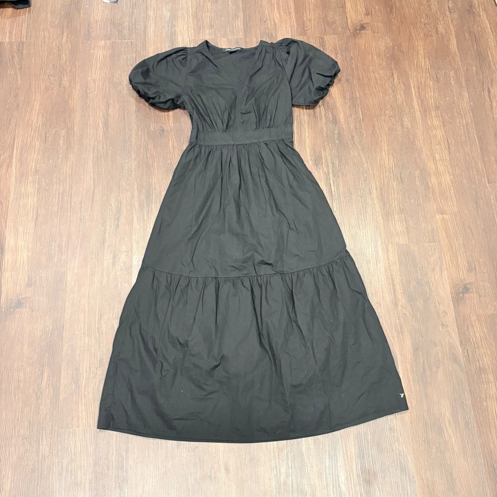 French Connection Black Poplin Puff Sleeve Tiered Maxi Dress Pockets XS Romantic